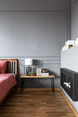 Grey cozy bedroom interior