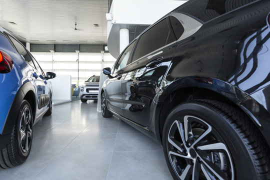 Low Angle Of Expensive Cars In Luxury Store With Vehicles For Sale And Rent