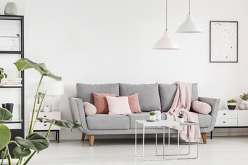 Pink cushions on grey settee in white living room interior with lamps and poster. Real photo