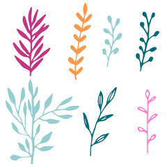 Fototapeta na wymiar Set of blue, pink, yellow hand drawn doodle floral elements with branches and leaves isolated on white background. Vector illustration.