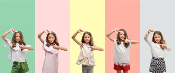 Collage of brunette hispanic girl wearing different outfits smiling making frame with hands and fingers with happy face. Creativity and photography concept. © Krakenimages.com