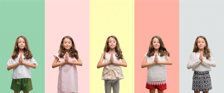 Collage of brunette hispanic girl wearing different outfits praying with hands together asking for forgiveness smiling confident.