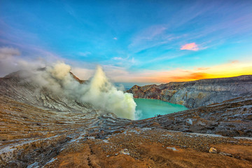 Beautiful morning light view on crater Kawah Ijen at Bondowoso, Indonesia