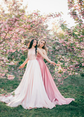 Obraz na płótnie Canvas Two gentle, incredible elves walk in the fabulous cherry blossom garden. Princesses in luxurious, long, pink dresses. Two loving sisters embrace each other. Art photography, vanilla colors