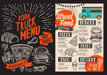 Food truck menu for street fest. Design template with hand-drawn graphic illustrations.