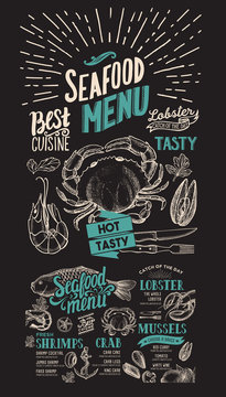 Menu for seafood restaurant. Vector food flyer for bar and cafe. Design template with vintage hand-drawn illustrations.