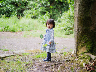 baby girl play in Summer forest park