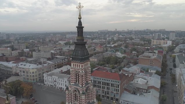 Aerial shot of Annunciation Cathedral in Kharkiv, Ukraine