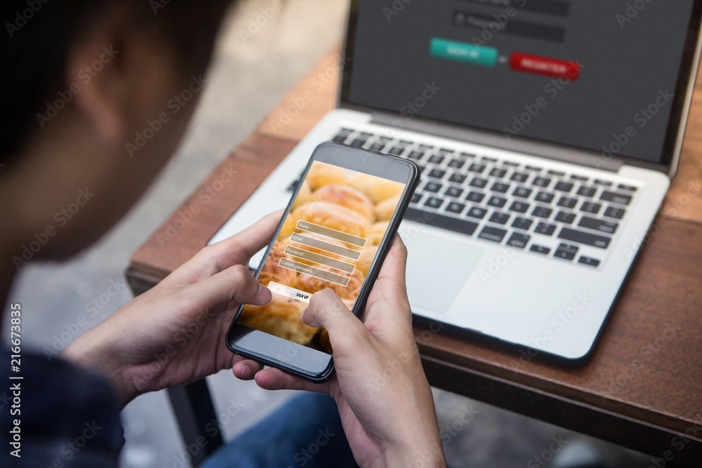 Poster businessman doing sign up username password log in protection concept on smartphone while working on