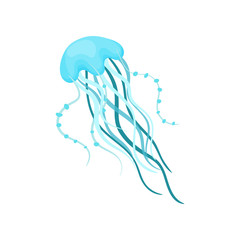 Beautiful blue jellyfish. Sea animal with long tentacles. Marine creature. Flat vector for poster, children book or mobile game