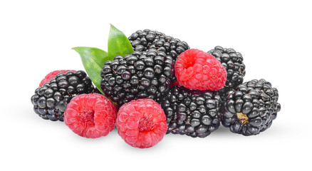 blackberries, raspberries and green leaf isolated on white background
