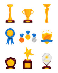 Flat vector set of different prizes. Shiny golden cups, golden rosette with ribbon, medals, glass award. Trophies for winners.