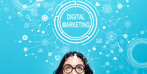 Digital Marketing with young woman on a blue background