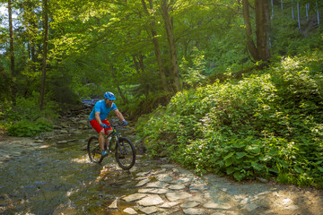 Mountain biker riding on bike in spring mountains forest landscape. Man cycling MTB enduro flow trail track. Outdoor sport activity.