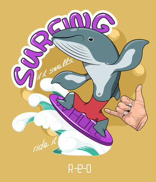 Image for t-shirt, clothing, poster, postcard, sticker, print. Whale - surfer. Hand with gesture Shaka-cheer.