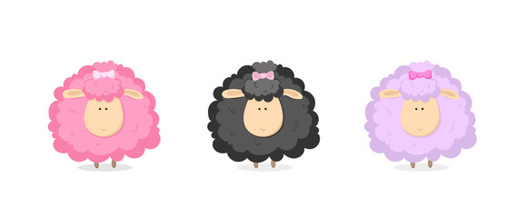 Black, violet, pink funny sheeps isolated on white background