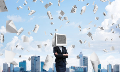 Business woman with monitor instead of head.