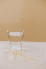 Pharmacy background on a white table. Tablets on a white background. Pills.