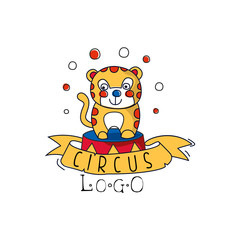 Circus logo, emblem with funny tiger for amusement park, festival, party, creative template of flyear, posters, cover, banner, invitation vector Illustration