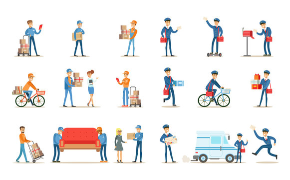 Delivery service set, couriers delivering packages, letters, furniture to clients vector Illustrations on a white background