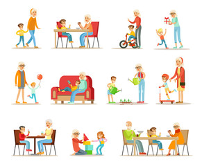 Fototapeta premium Grandparent spending time with grandchildren set, grandma and grandpa playing, walking, reading books, having dinner with grandchildren vector Illustrations on a white background