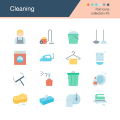 Cleaning icons. Flat design collection 45. For presentation, graphic design, mobile application, web design, infographics.
