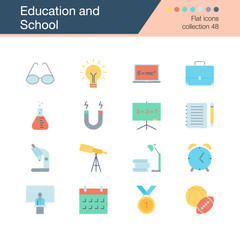 Education and School icons. Flat design collection 48. For presentation, graphic design, mobile application, web design, infographics.