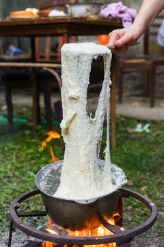 Elarji - from Samegrelo region, made from coarse cornmeal, cornflour and Suluguni cheese. Gomi cooked with cheese. Georgian traditional food - elardji. 
