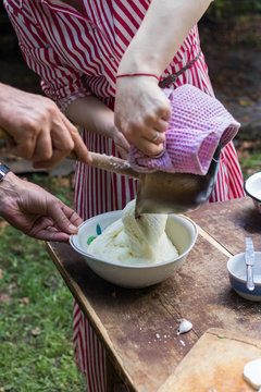 Elarji - from Samegrelo region, made from coarse cornmeal, cornflour and Suluguni cheese. Gomi cooked with cheese. Georgian traditional food - elardji. 