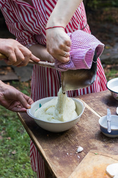 Elarji - from Samegrelo region, made from coarse cornmeal, cornflour and Suluguni cheese. Gomi cooked with cheese. Georgian traditional food - elardji. 