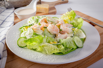 Shrimp Salad on White Wood Table