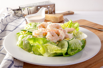 Shrimp Salad on White Wood Table
