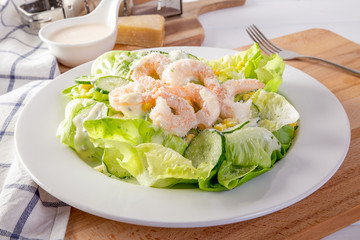 Shrimp Salad on White Wood Table