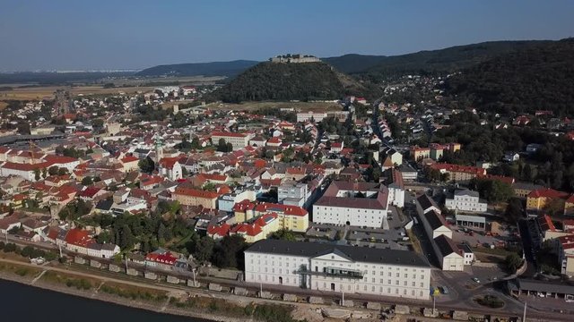 Aerial panorama of Hainburg an der Donau town, Bruck an der Leitha district, Lower Austria.