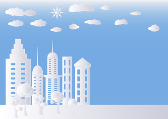 Modern city skyline building white paper and trees.  Vector Illustration
