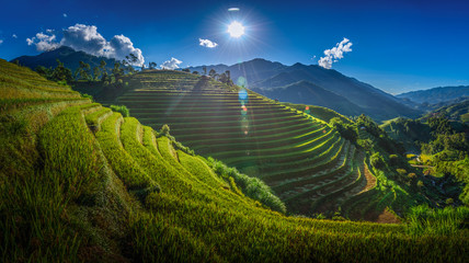 Rice fields on terraced with wooden pavilion on blue sky background in Mu Cang Chai, YenBai, Vietnam.