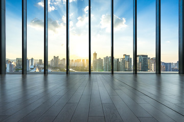 interior of office building with city skyline