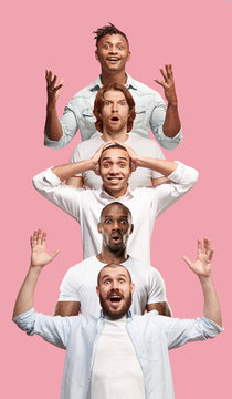 The collage of faces of surprised people on pink backgrounds. Human emotions, facial expression concept. collage of men