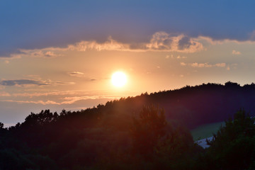 orange sunset over the forest twilight