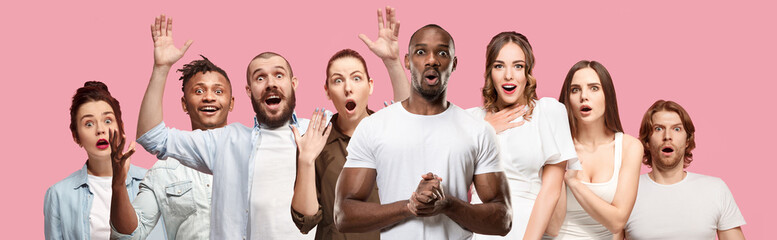 The collage of faces of surprised people on pink backgrounds. Human emotions, facial expression...