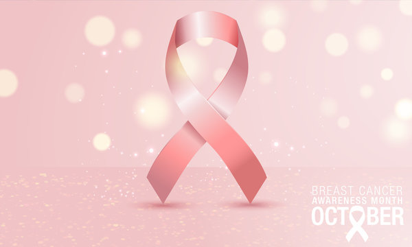 Breast cancer day card with ribbon icon on pink background