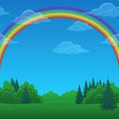 Background Landscape, Green Summer Forest and Blue Sky with Bright Colorful Rainbow and White Clouds. Eps10, Contains Transparencies. Vector