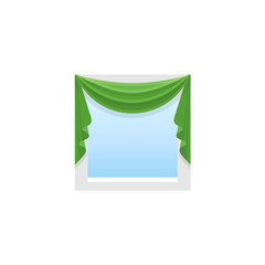 Green fabric curtain with central drapery. Pelmet with symmetric swag. Vector illustration. Flat icon of blind. Front view.