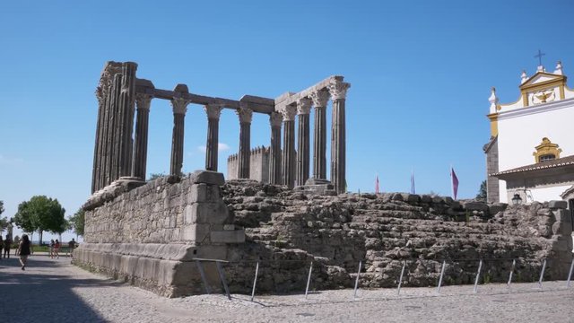 Famous Landmark Roman Temple of Evora Ancient Ruins. The Roman Temple is part of the historical city of Evora, included in the classification by UNESCO as a World Heritage Site