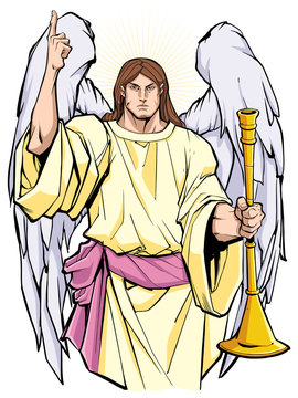 Portrait of Archangel Gabriel praising the lord and holding a trumpet. 