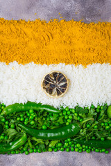 Indian flag with vegetables and rice. Vegetarian indian food. Top view. Gray background