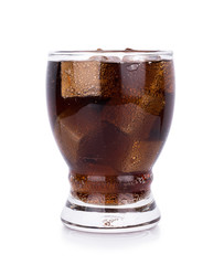 Cola in glass with ice cubes on white background