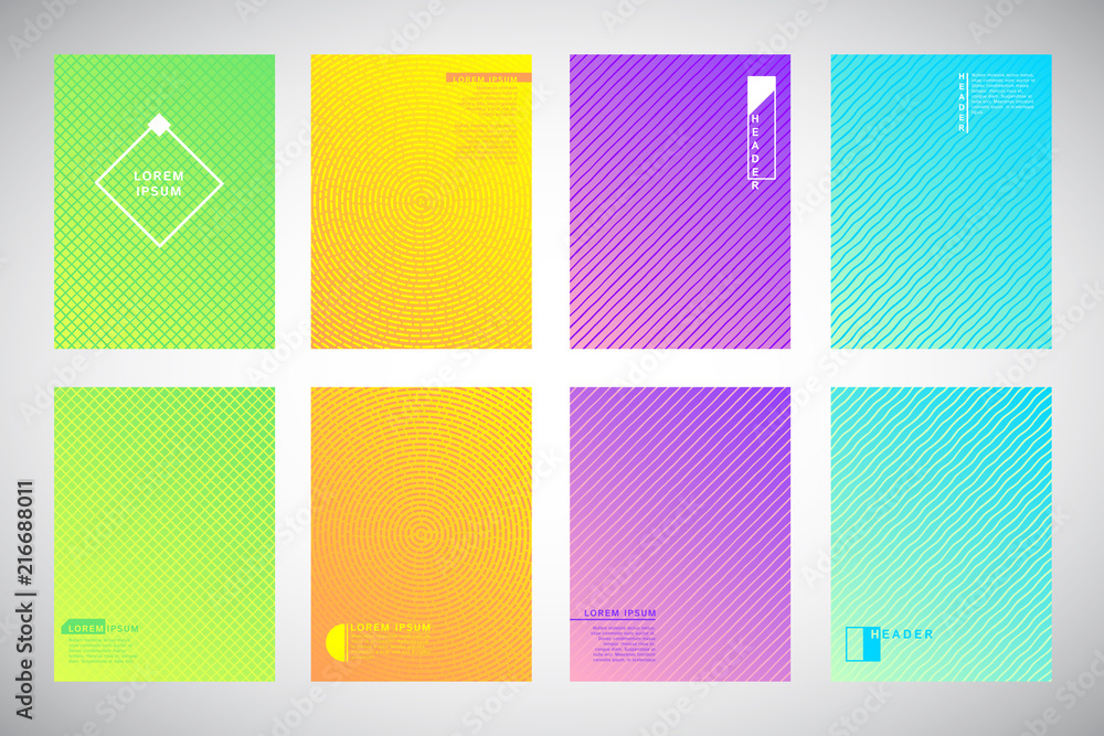 Poster set, collection of flat colorful gradient backgrounds with geometric textures. concentric circles, d