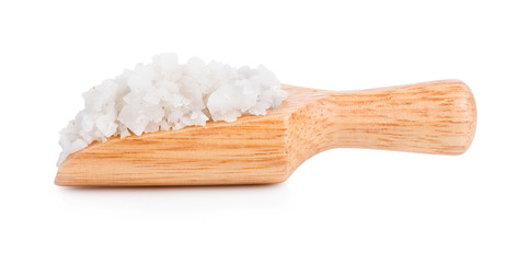 Sea salt in Wooden Scoop  on white background