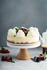 Classic New York cheesecake decorated with whipped cream